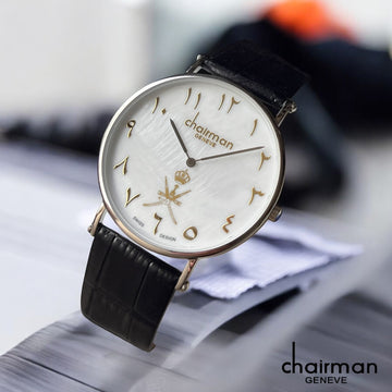 White Marble Arabic Dial OMAN Emblem Black Strap Gents Watch
