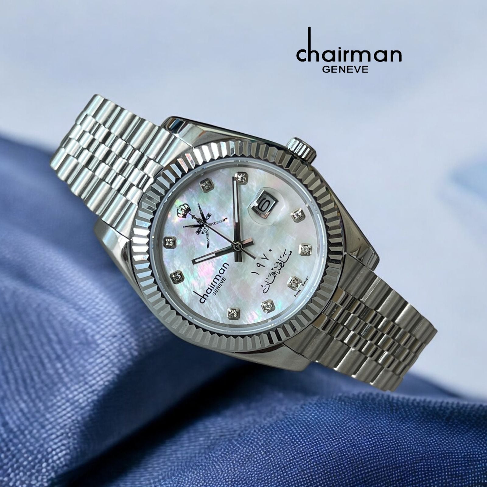 White Marble Dial Dated Chairman Geneve Silver Chain Gents Watch