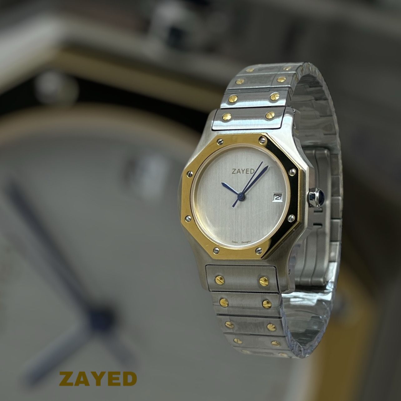 Zayed Dated Grey Dial Silver And Gold Chain Gents Watch