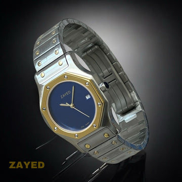 Zayed Dated Navy Blue Dial Silver And Gold Gents Watch