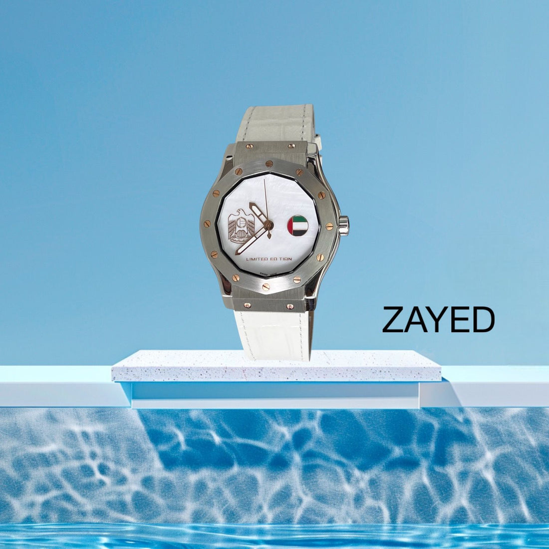 Zayed Limited Edition UAE Emblem Flag White Dial White Strap Gents Watch