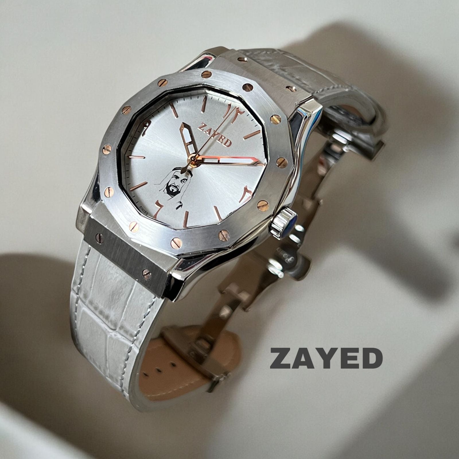 Zayed Metal Finish Grey Leather Strap Watch Arabic Dial