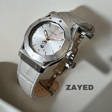 Zayed Metal Finish Grey Leather Strap Watch Arabic Dial