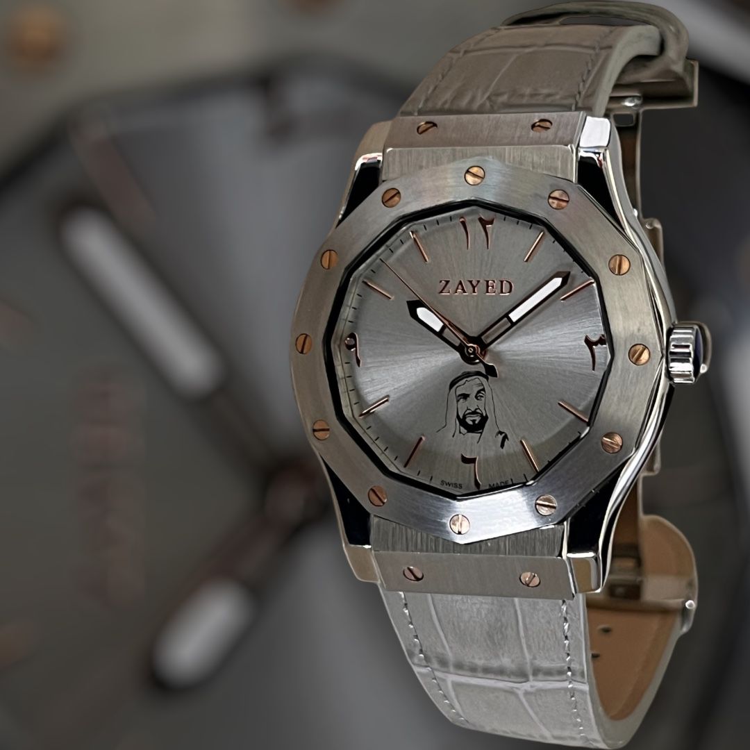 Zayed Metal Finish Grey Leather Strap Watch Arabic Dial