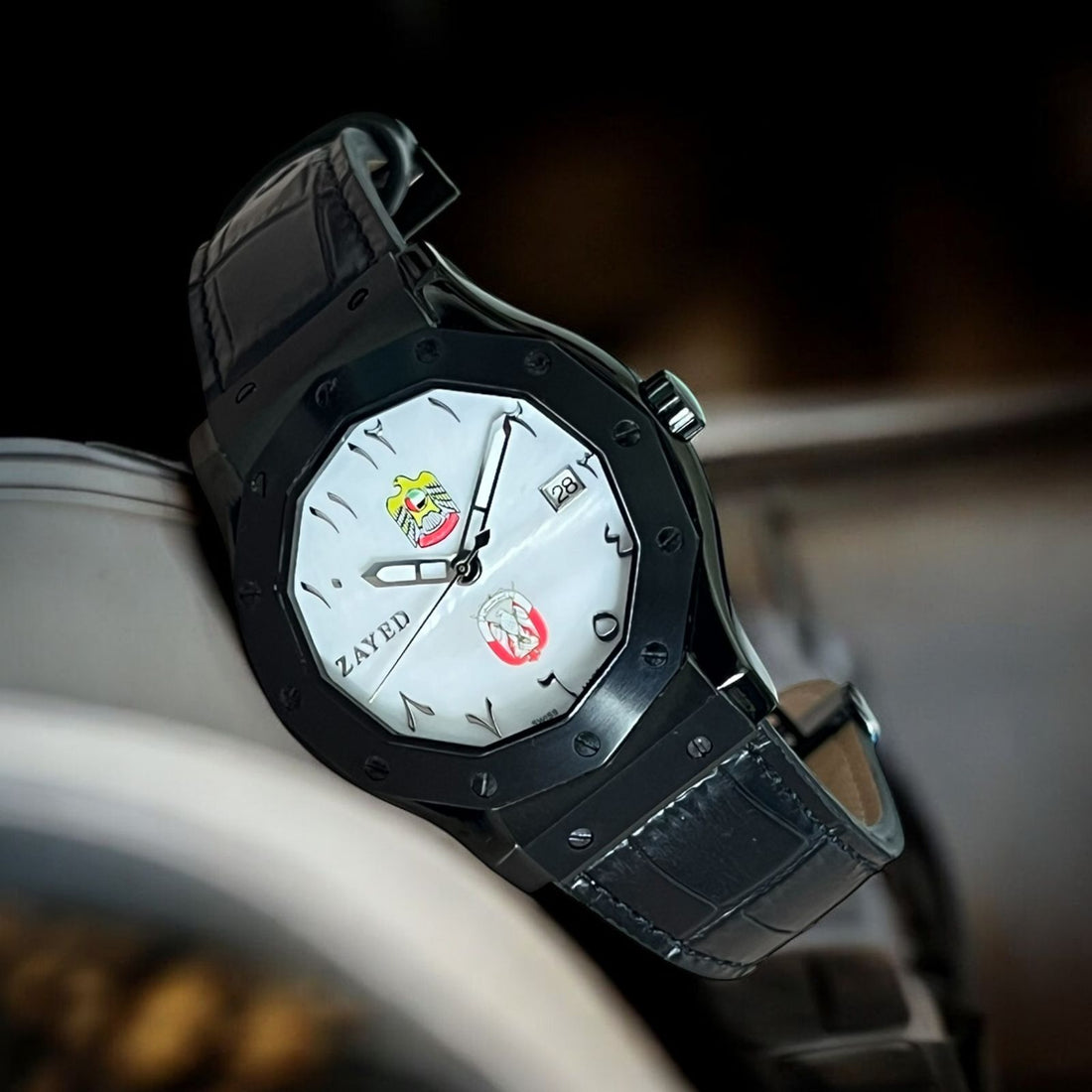 Zayed UAE And ABU DHABI Emblem Arabic Dated White Dial Black Strap Gents Watch