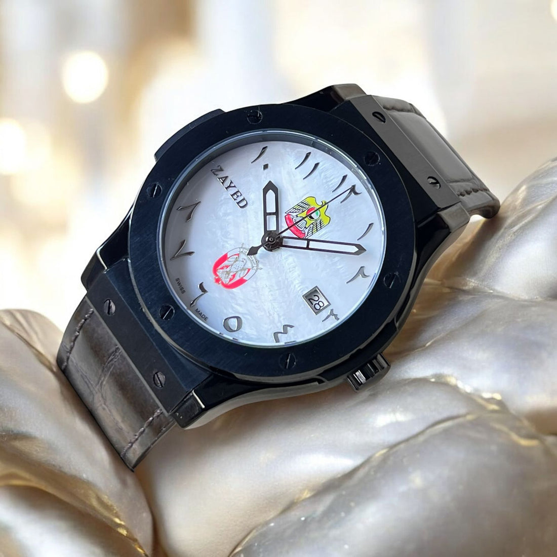 Zayed UAE And ABU DHABI Emblem Arabic Dated White Dial Brown Strap Gents Watch