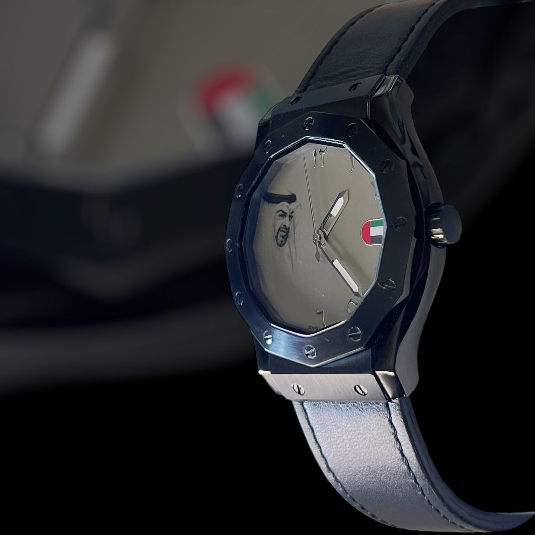 Zayed UAE Flag Sheikh Photo Grey Arabic Dial Black Strap Gents Watch