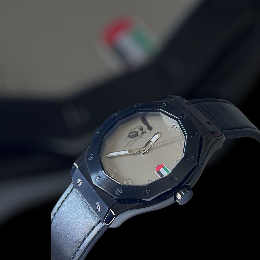 Zayed UAE Flag Sheikh Photo Grey Arabic Dial Black Strap Gents Watch