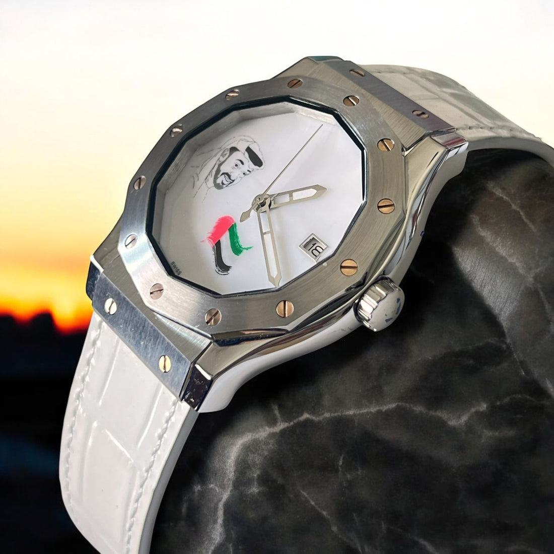 Zayed UAE Sheikh Flag Dated White Dial White Strap Gents Watch