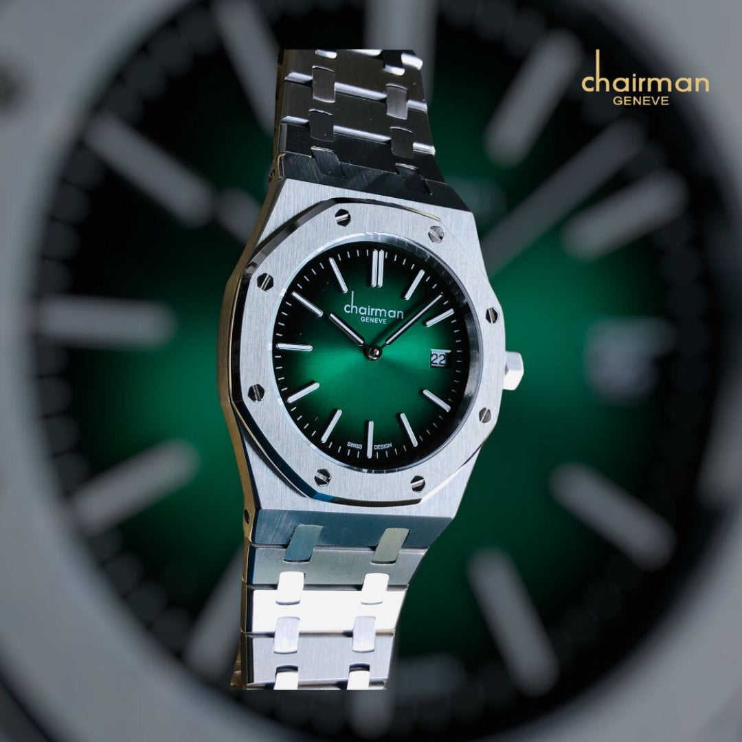 Chairman Silver Chain Strap Arabic Numbers Watch with Green Dial For M