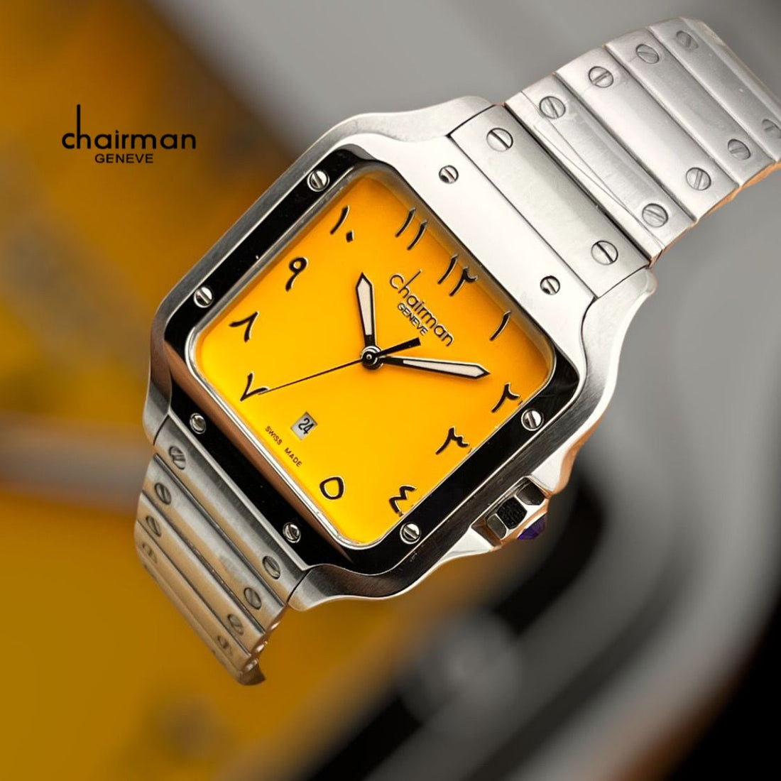 Chairman Stainless Steel Quartz Arabic Analogue Watch with Yellow Square Dial