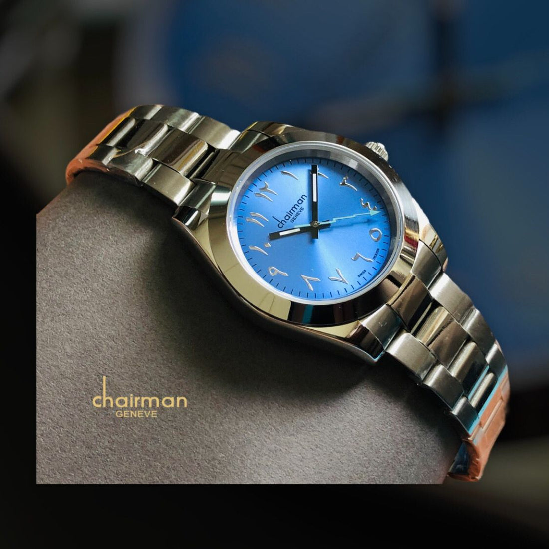 Chairman Stainless Steel Quartz Arabic Watch with Sea Blue Dial