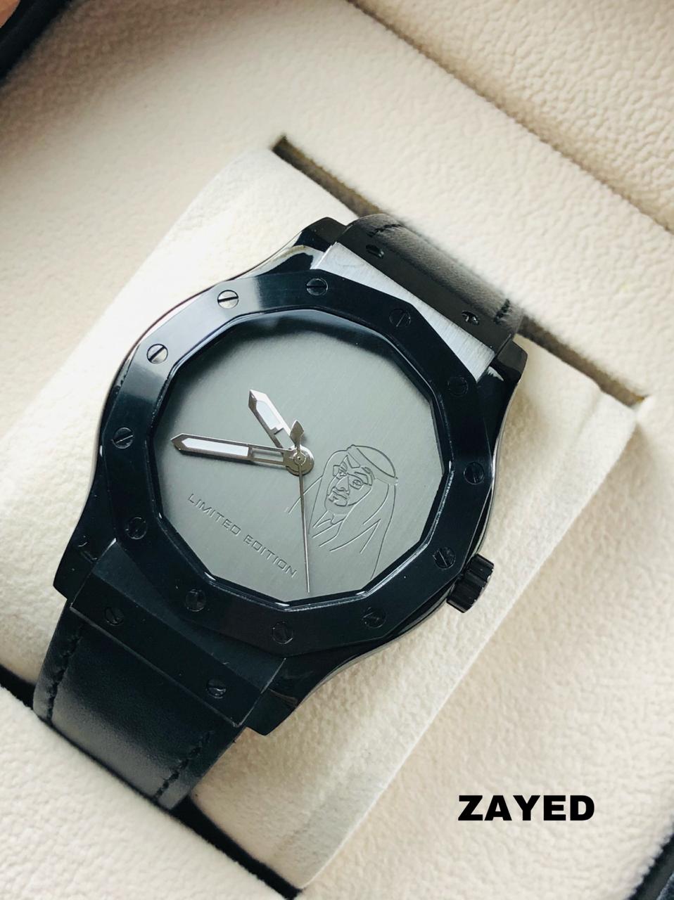 Zayed Limited Edition Metallic Gray Dial And Black Strap Watch