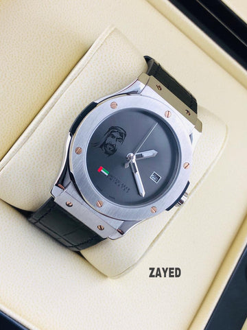 Zayed Metallic Dial With UAE Flag Silver Frame & Black Strap Men's Watch